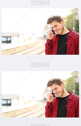 Teen guy calling on the mobile phone waiting a train