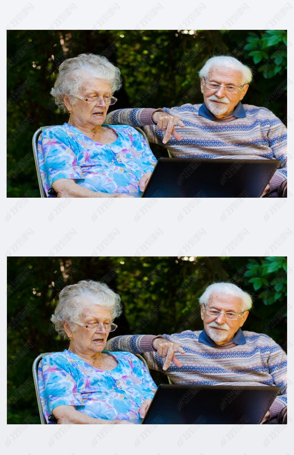 Elderly couple hing fun with the laptop outdoors