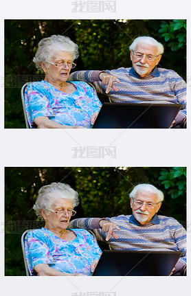 Elderly couple hing fun with the laptop outdoors