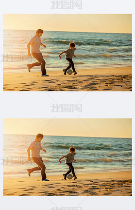 Happy father and son play soccer or football on the beach in sunset light