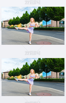 Outdoor portrait of a cute little girl of 7 years old, walking to dance school and dancing in the st