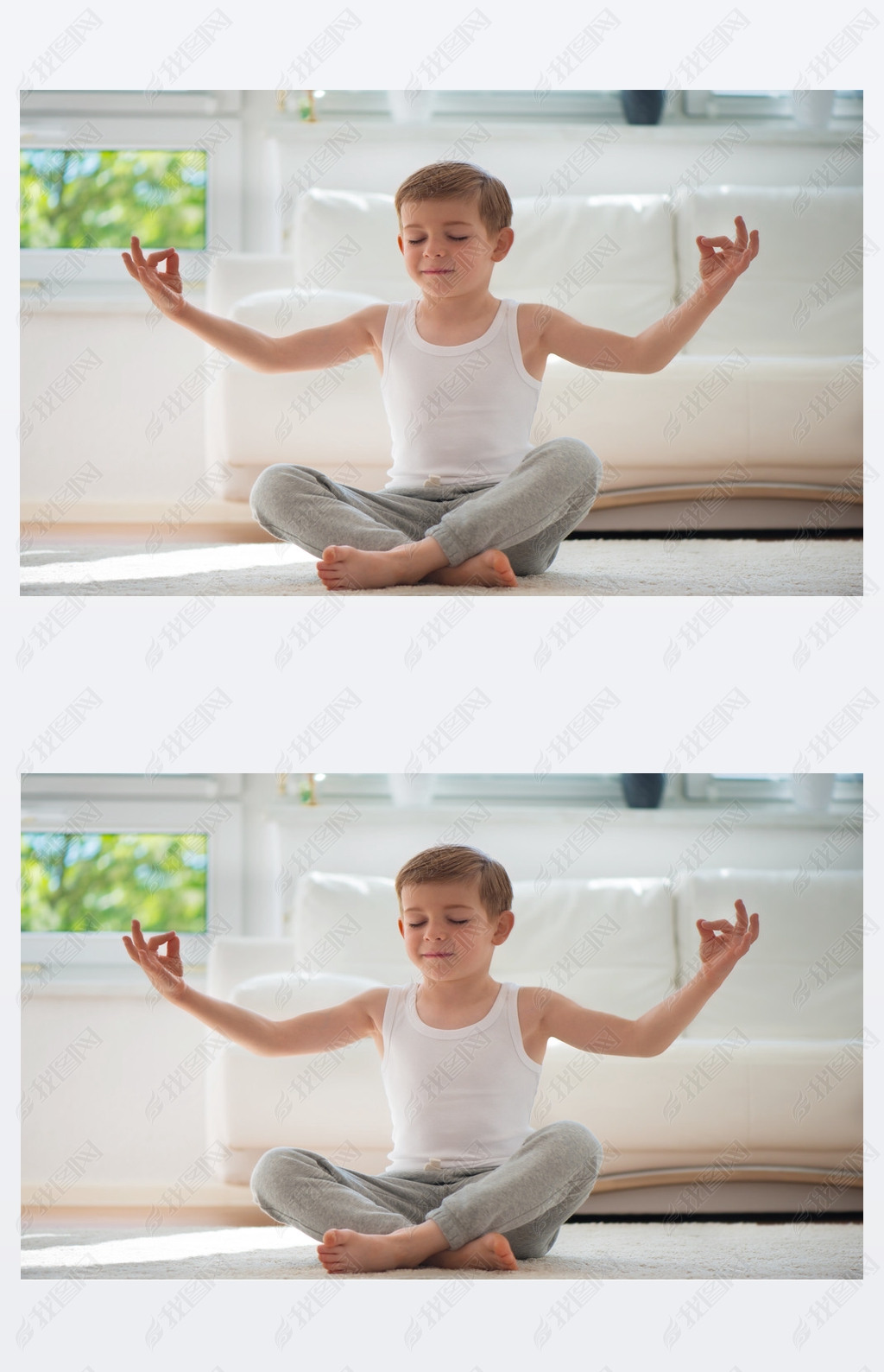 Happy little  boy exercising at home