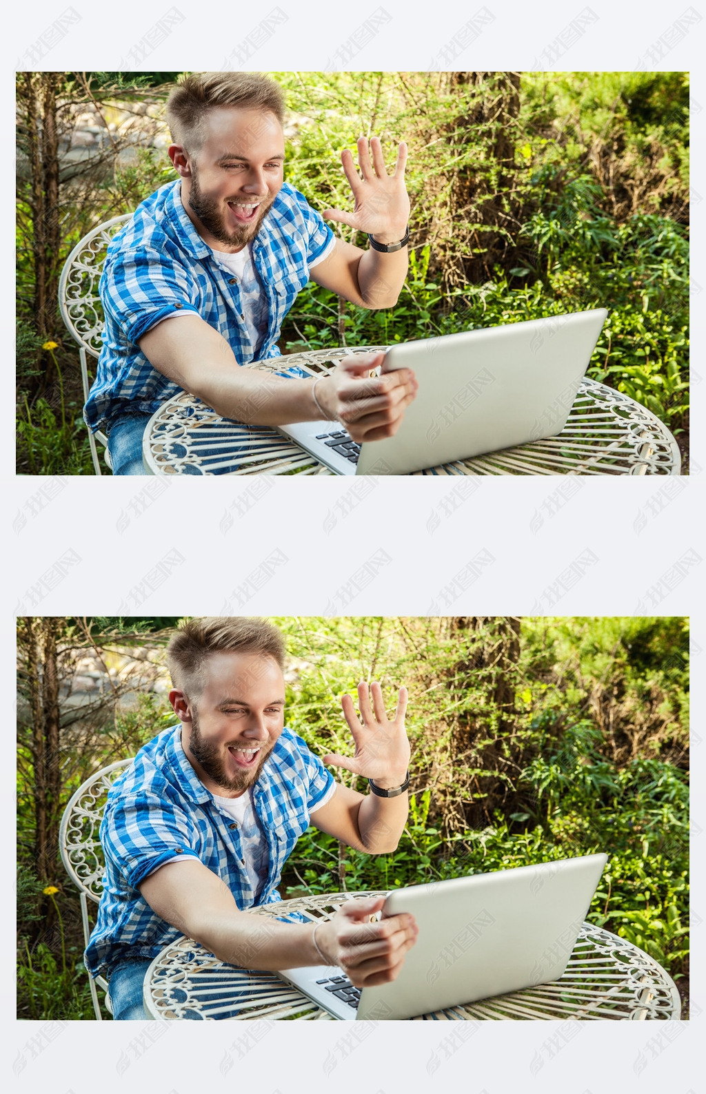 Young iling handsome man in casual clothes work at an iron table with computer against country gar