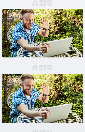 Young iling handsome man in casual clothes work at an iron table with computer against country gar