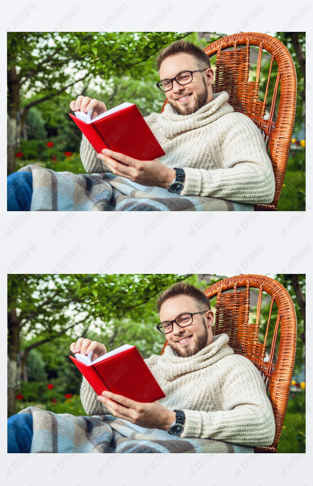 Handsome man relax in rocking-chair  reading red book in summer garden.