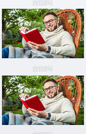 Handsome man relax in rocking-chair  reading red book in summer garden.