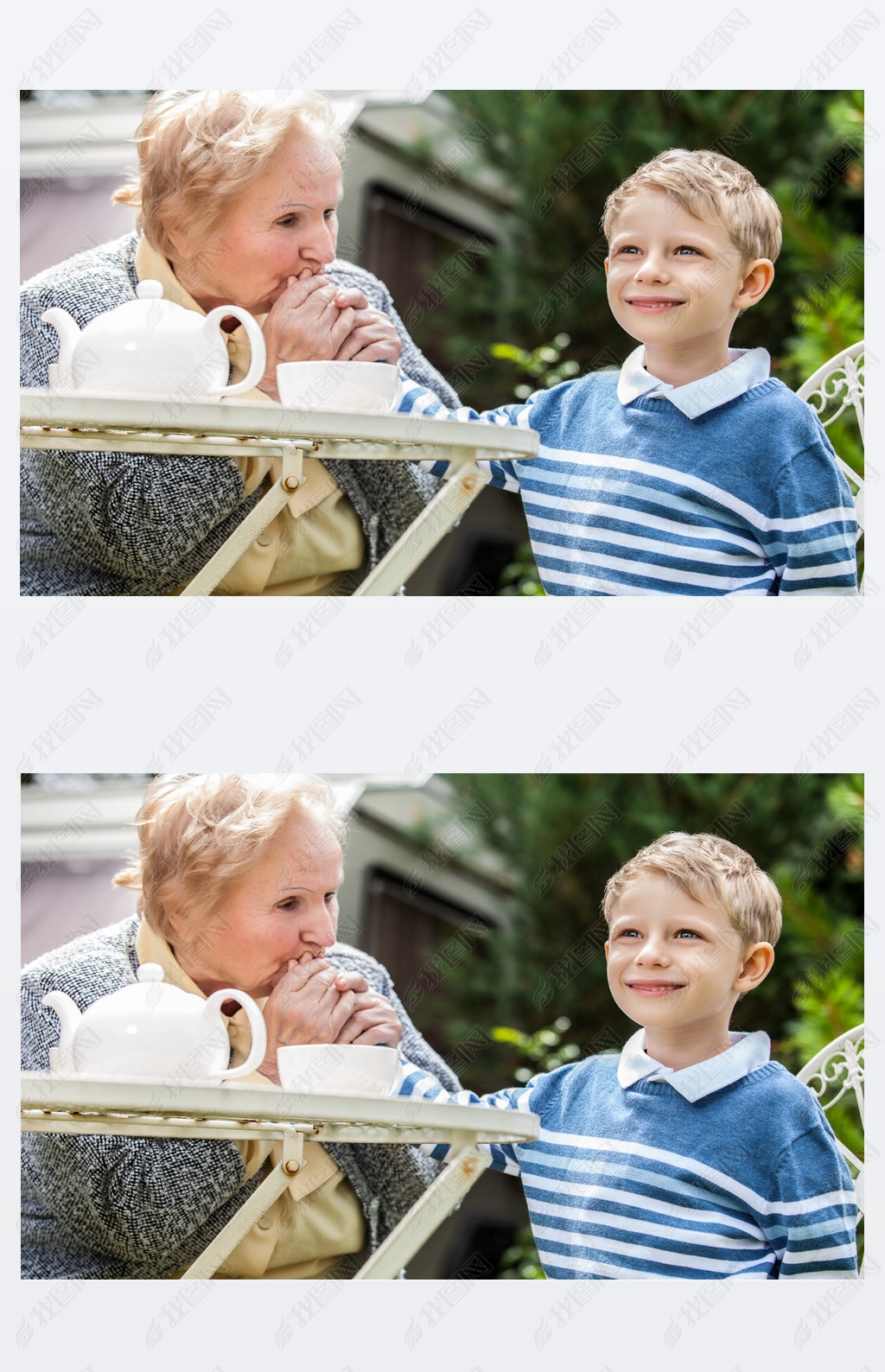 Positive grandmother and grandson spent time together in summer solar garden.