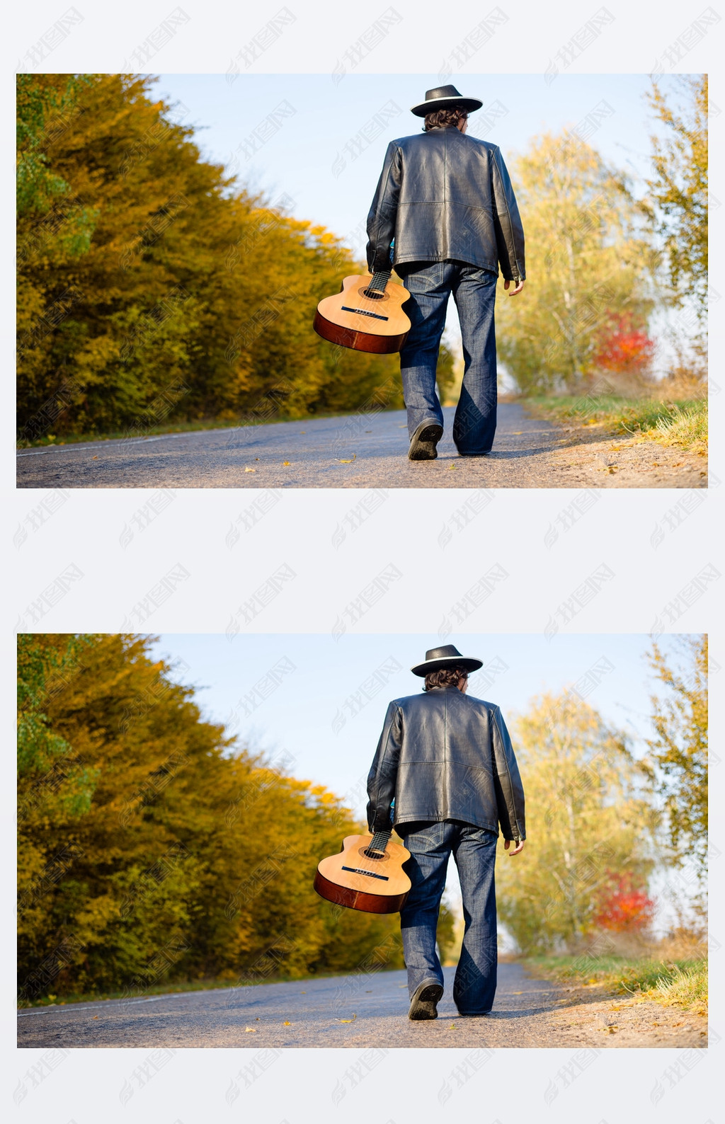 Man holding guitar and walking away