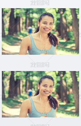 Portrait running young woman. Attractive fitness model outdoors.