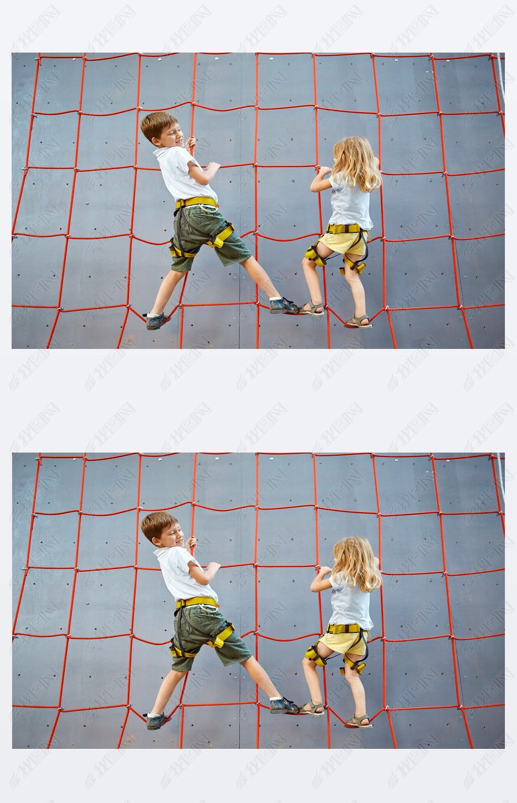 Little boy and girl  in  rock climbing gym