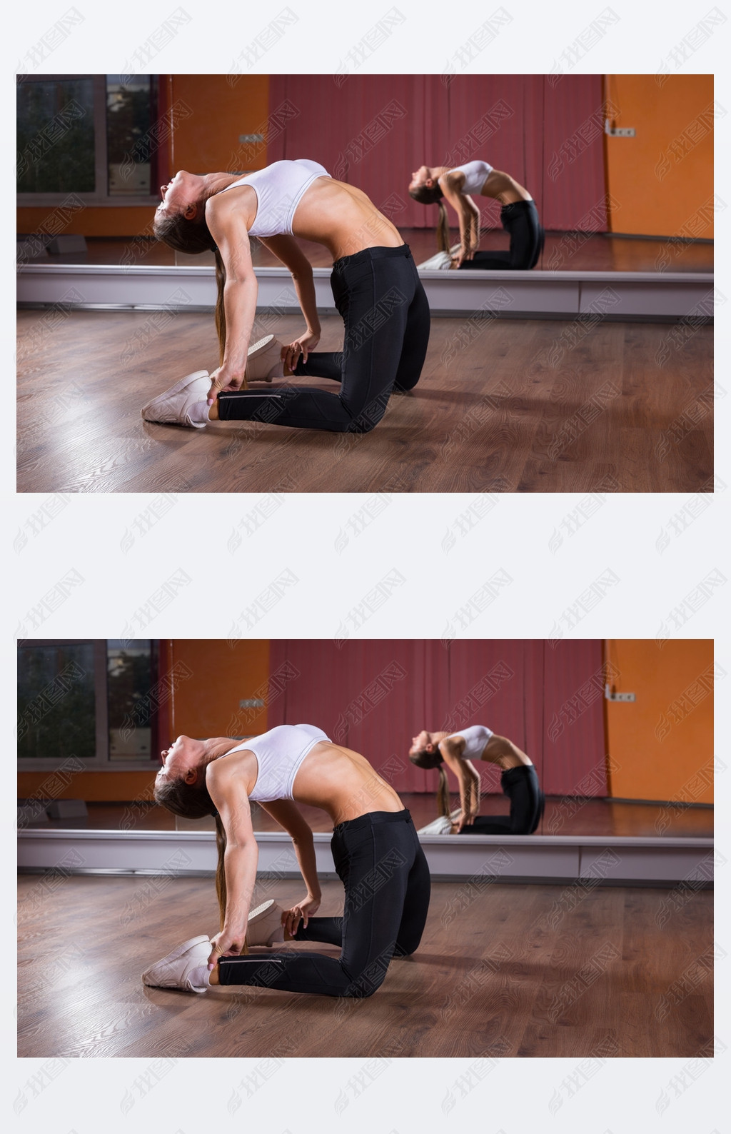 Young Woman in Camel Yoga Pose in Dance Studio