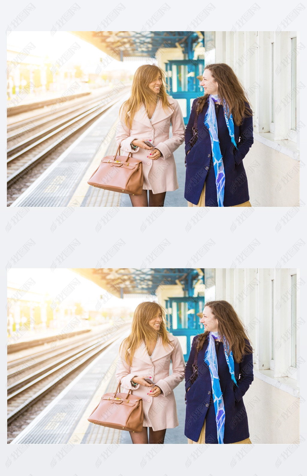 Two beautiful women walking along platform at train station