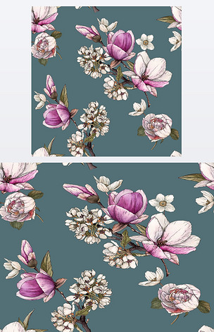 水色木兰花,樱花和牡丹的花纹无缝图案.