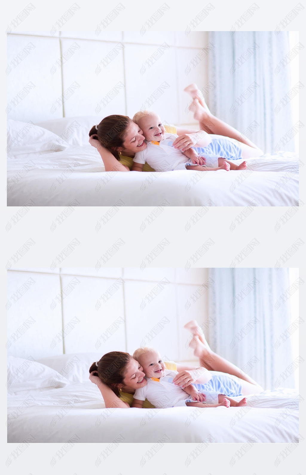 Mother and baby relaxing in white bedroom