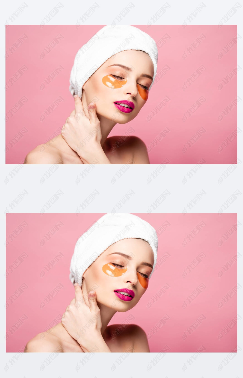 naked girl with eye patches and closed eyes isolated on pink 