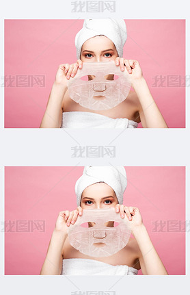 young woman covering face while holding moisturizing face mask isolated on pink 