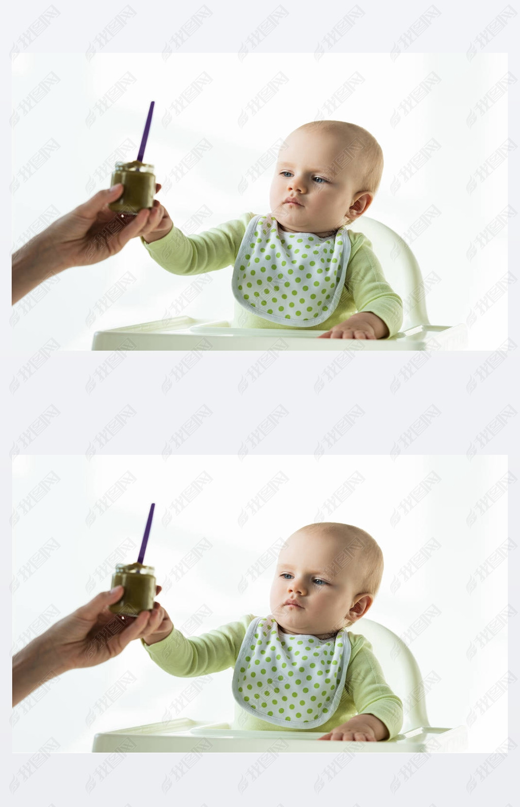 Selective focus of mother giving jar of baby nutrition to infant on feeding chair on white backgroun