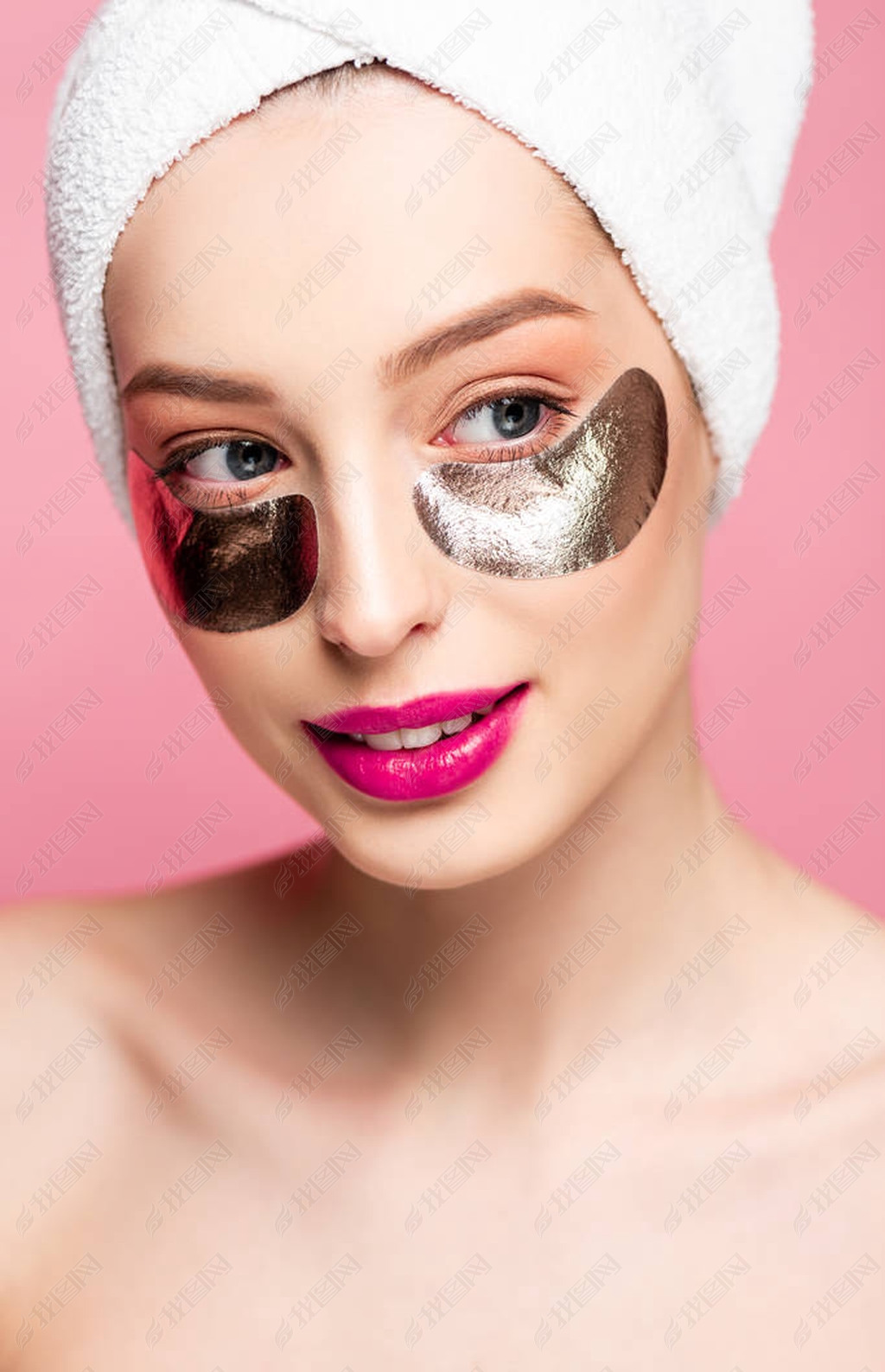 beautiful and naked woman in eye patches isolated on pink 