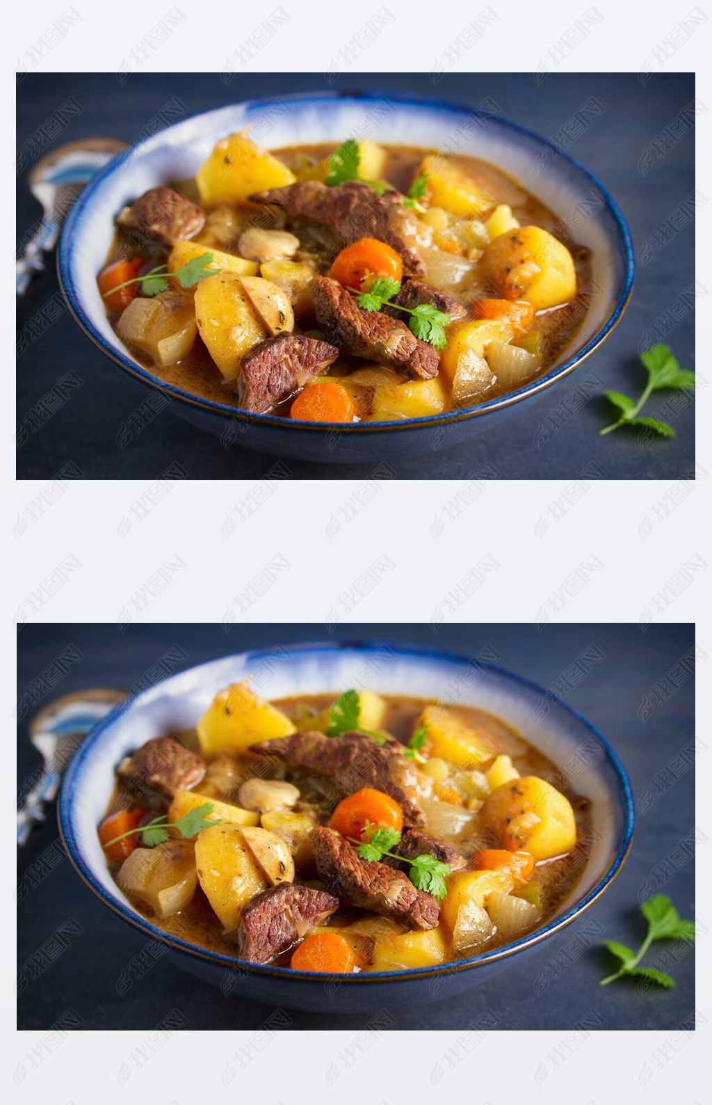 Beef meat stewed with potatoes, carrots and spices in bowl on dark gray background.  horizontal imag