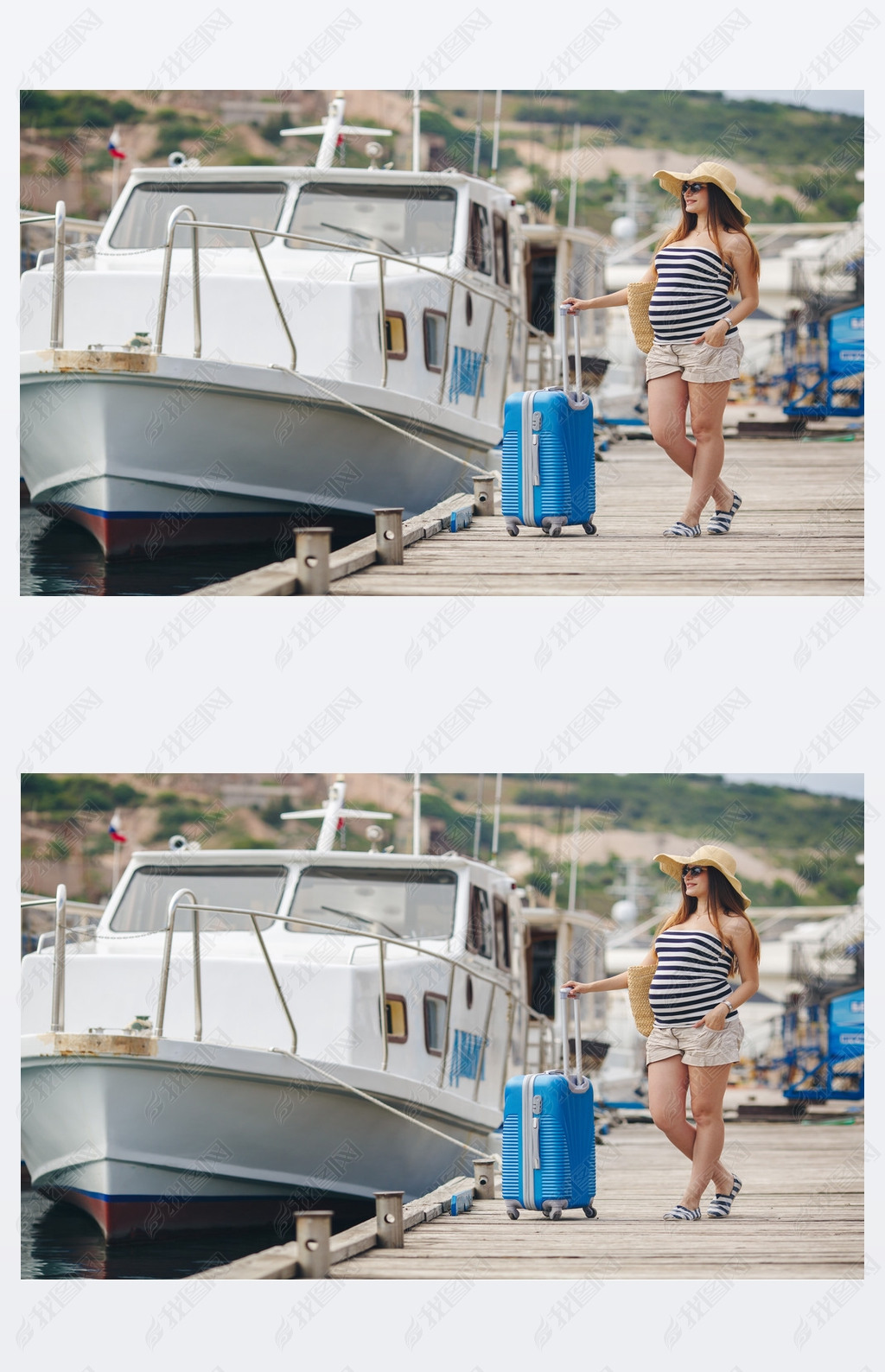 Pregnant beautiful woman on the pier at the sea