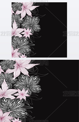 Black and white background with white and pink flowers border