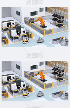 智能工厂中的移动机器人、重载机器人电池和Cnc机器. 3D渲染图像.