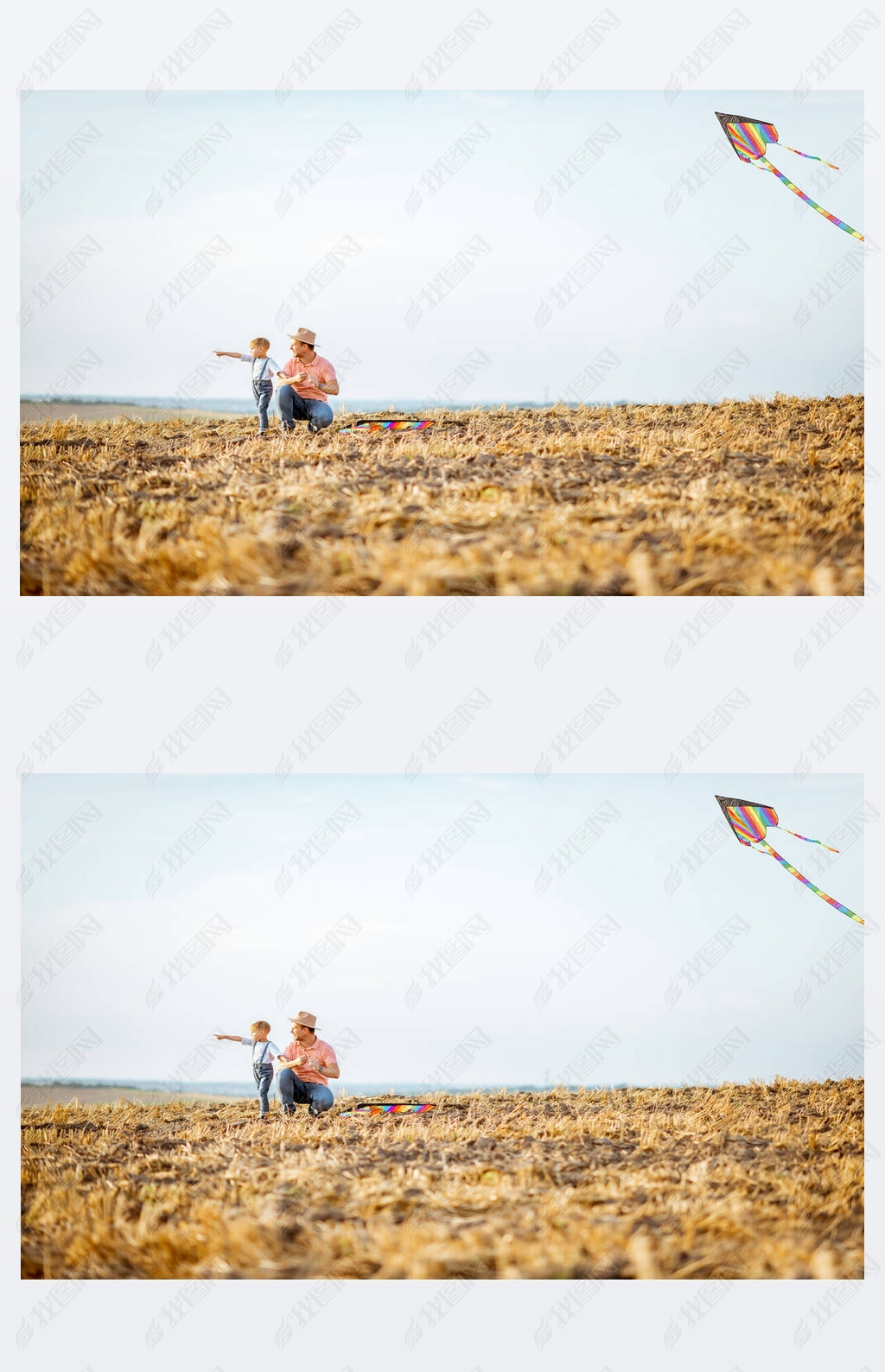 Fother and son flying kite on the field