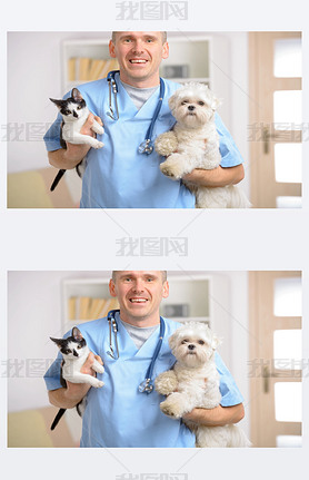 Happy vet with dog and cat