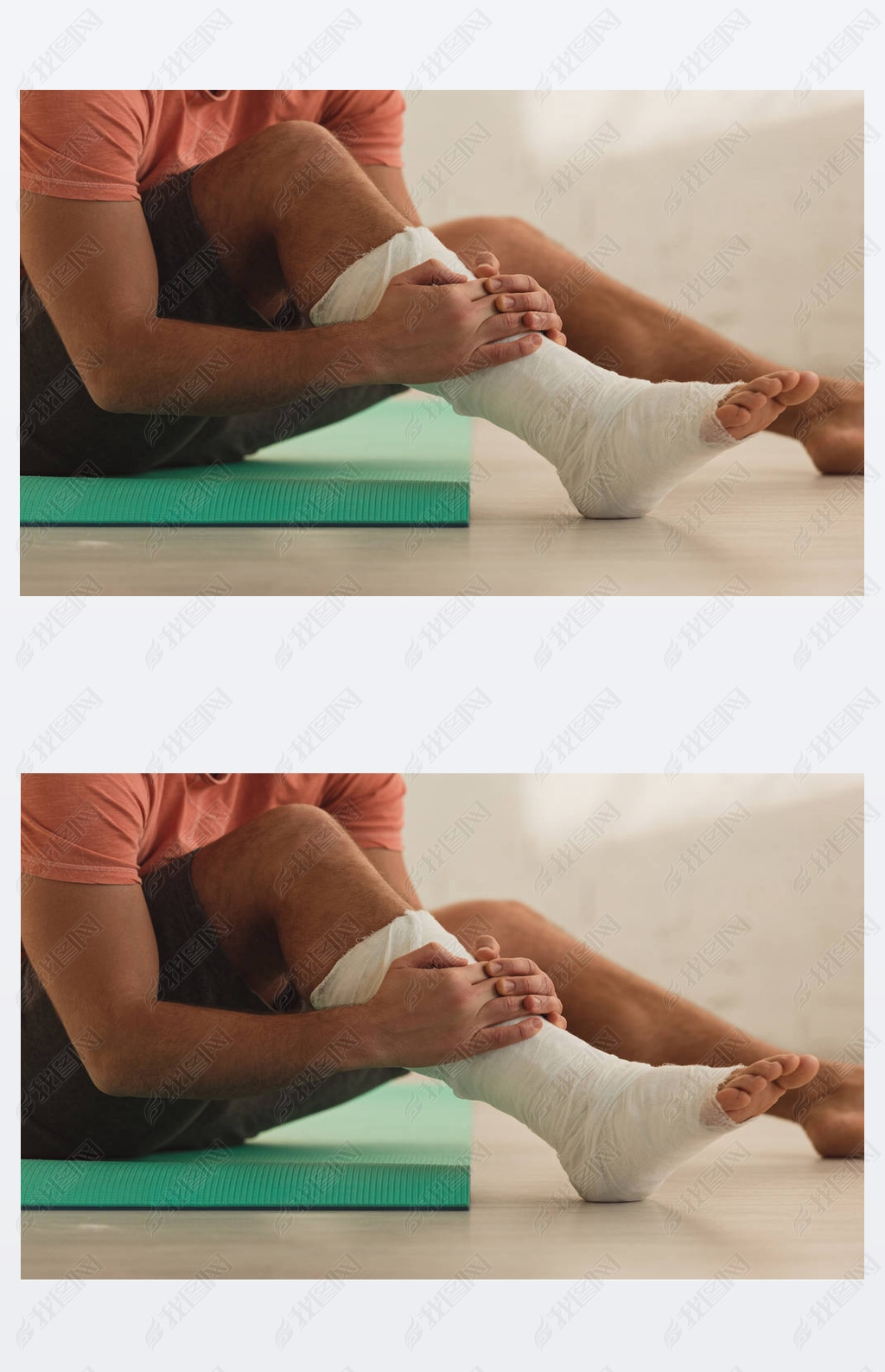 Cropped view of man holding broken leg and sitting on fitness mat on floor