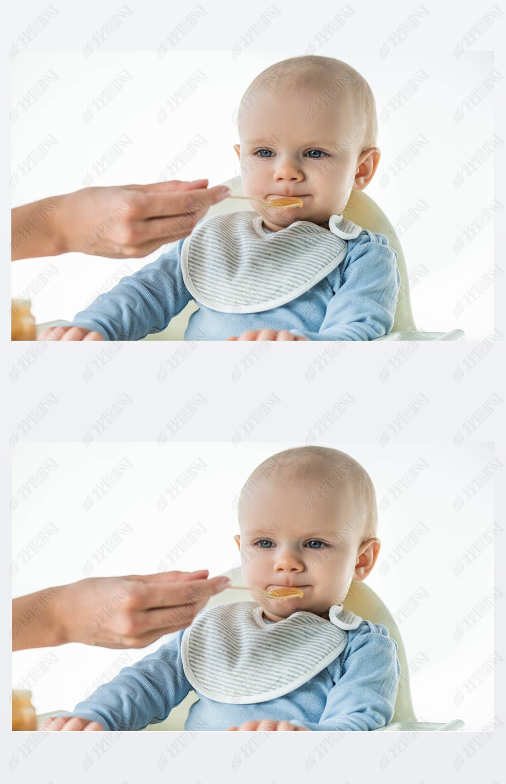 Selective focus of mom feeding adorable baby boy with fruit baby nutrition isolated on white