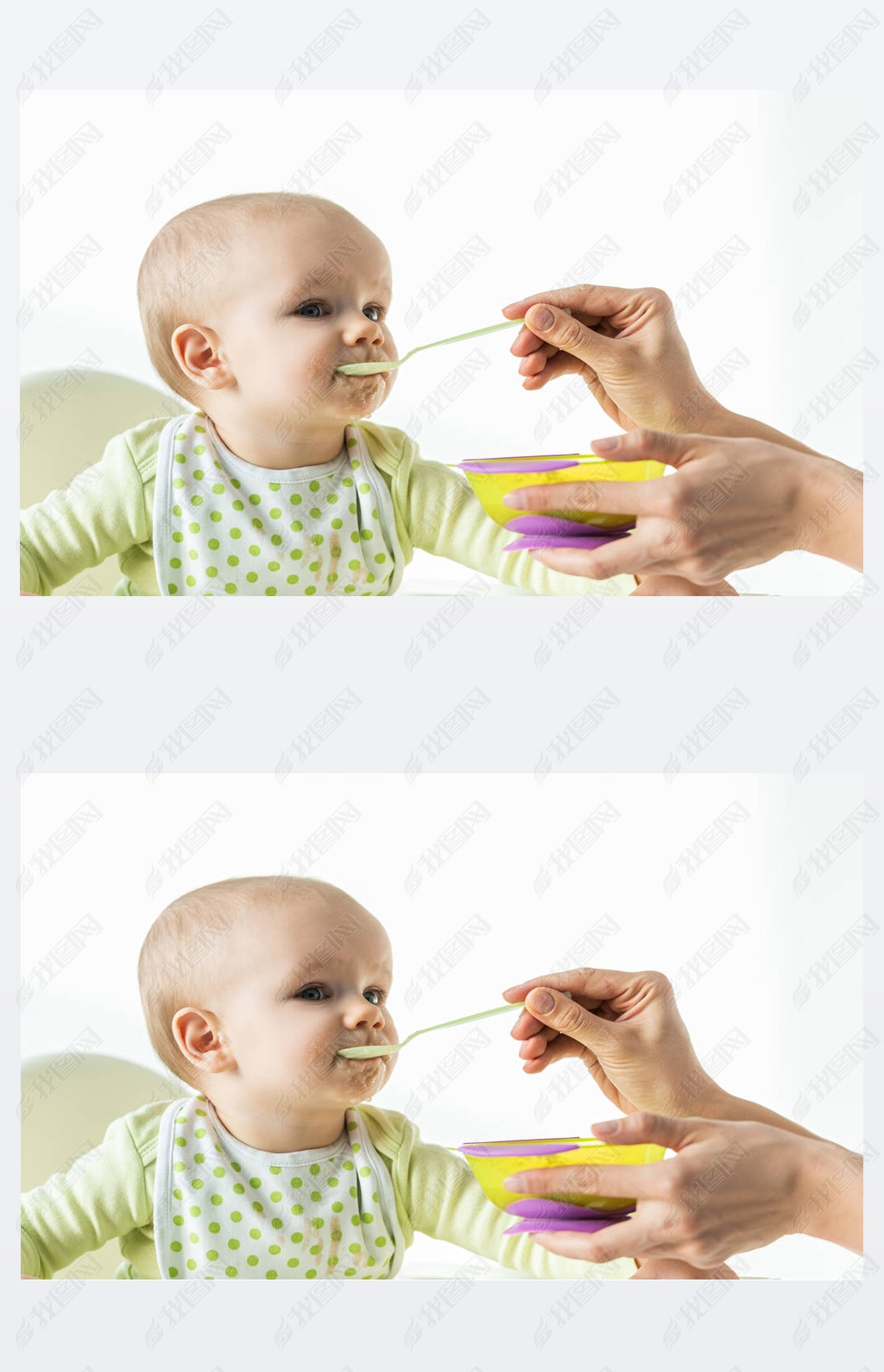 Mother feeding baby son with baby nutrition on white background