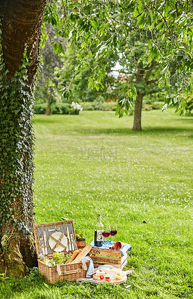 Summertime picnic for two in a lush green park with a vintage style wicker picnic hamper, French bag