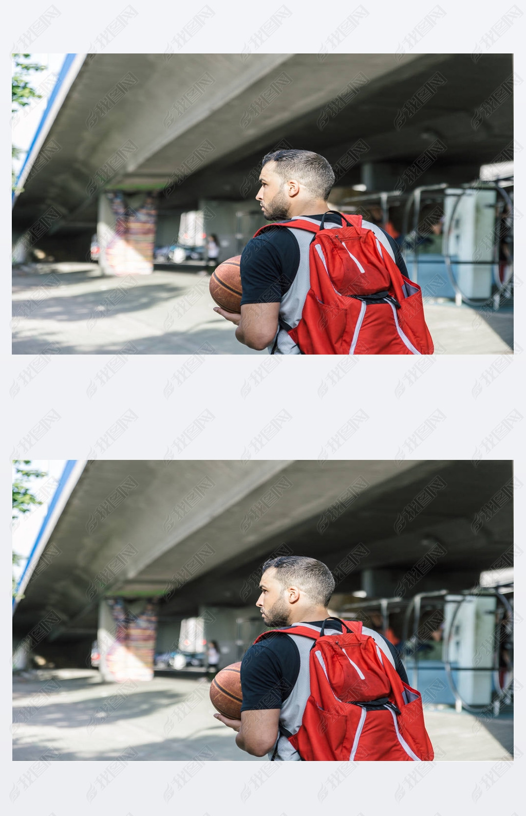 一个身强体壮的篮球运动员背着一个大的红色背包一边走路一边打篮球的