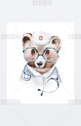 熊动物可爱的医生水彩画小孩孤立在白色的背景上医疗儿童设计感染防护