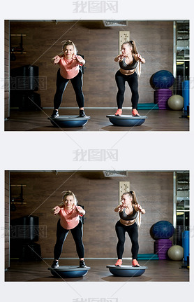 two girls in a sports club are engaged with bosu