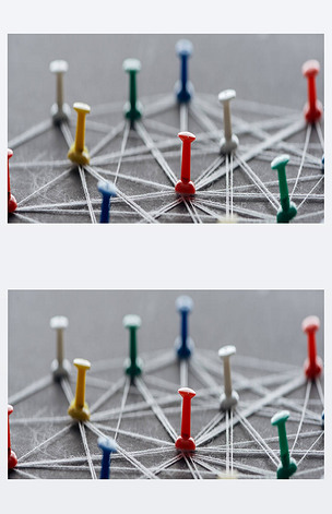 原创彩色推针的全景拍摄连接与字符串隔离在灰色,网络概念