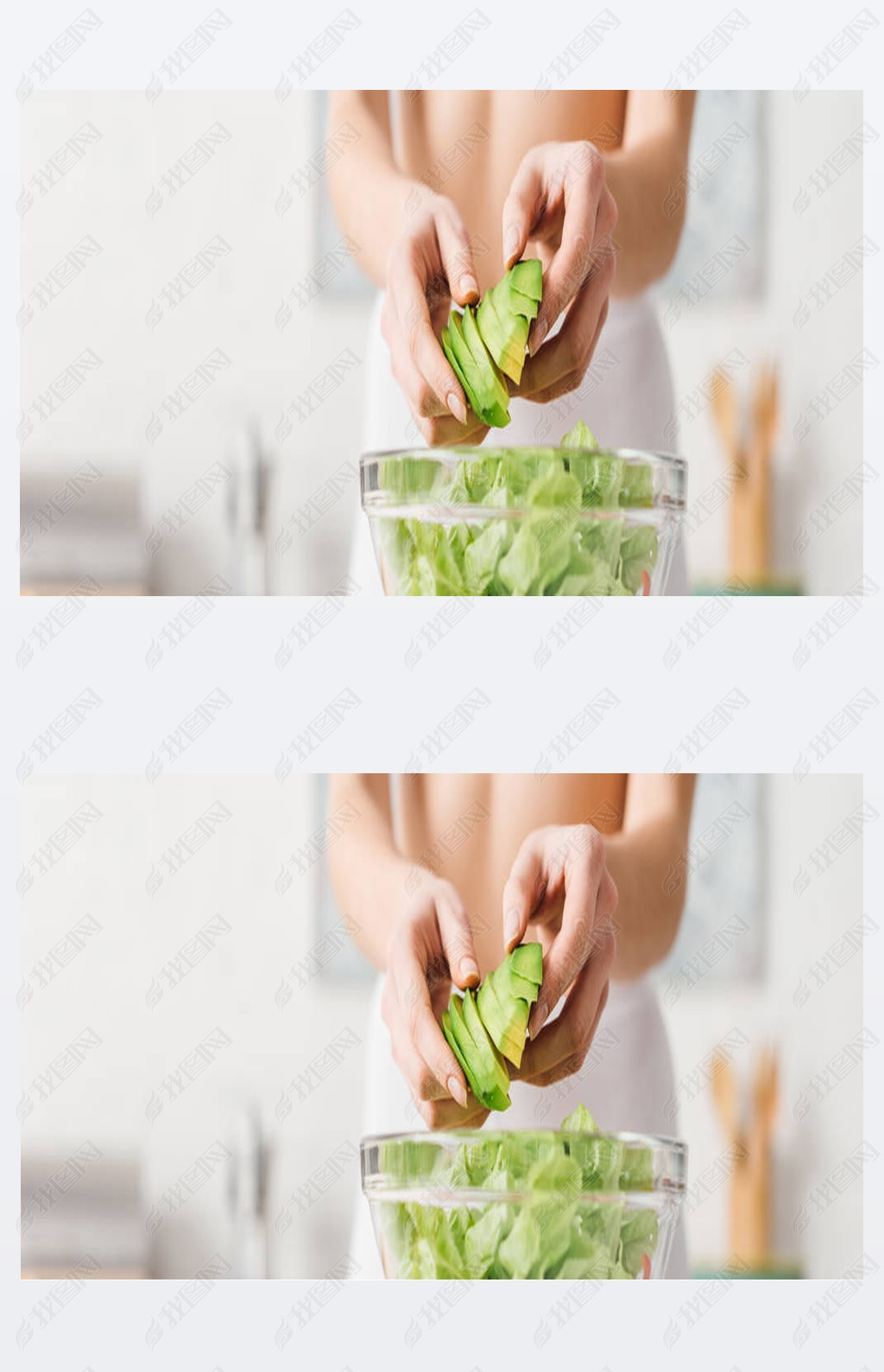 Cropped view of fit woman cooking salad with juicy ocado in kitchen, panoramic shot