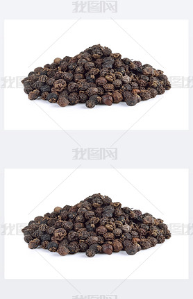 Black pepper seeds on white background