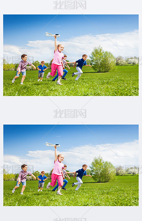 happy running kids with airplane toy