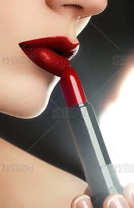 美丽的嘴唇。美丽的嘴唇特写, 伟大的想法为化妆品的广告。在应用红色口红的模特上极度接近。化妆。专业时尚复古化妆。红唇膏