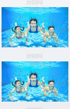 Family swim in pool underwater, happy active mother and children he fun under water, kids sport on