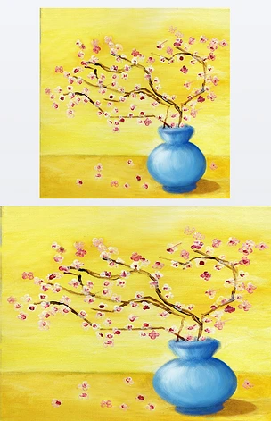 樱花花。蓝色的花瓶。儿童画。Guash.