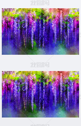 Abstract violet, red and yellow color flowers. Watercolor painting. Spring purple flowers Wisteria t