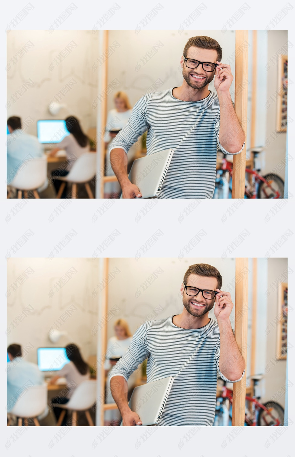 man carrying laptop and adjusting his eyeglasses