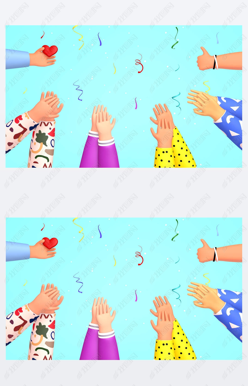 一群人拍手鼓掌喜欢掌声欢呼庆祝狂喜3d以可爱的卡通风格渲染插图