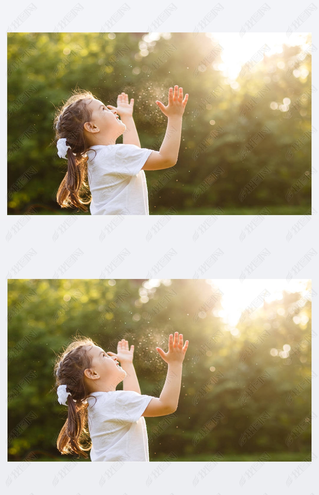 原创无忧无虑的孩子奔跑和跳跃在绿色夏天草甸捉住肥皂气泡幸福童年和