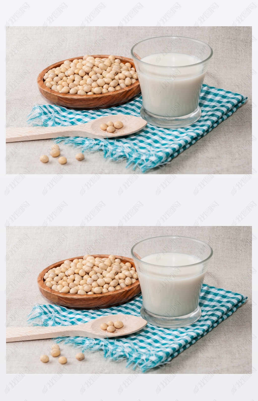 Glass of milk and bowl with soy