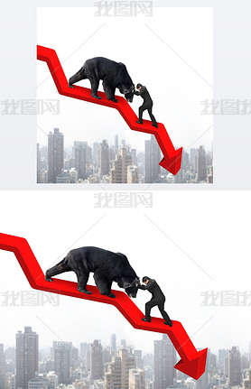 Businesan against bear on arrow downward trend line with citys