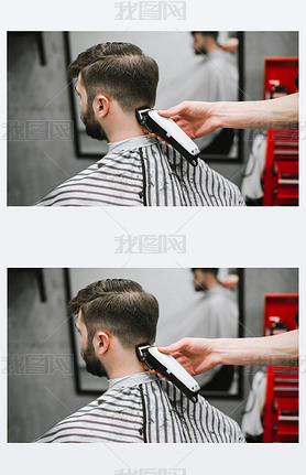 Professional male hairdresser does hairstyle to bearded man in barber shop, back view, barber's hand