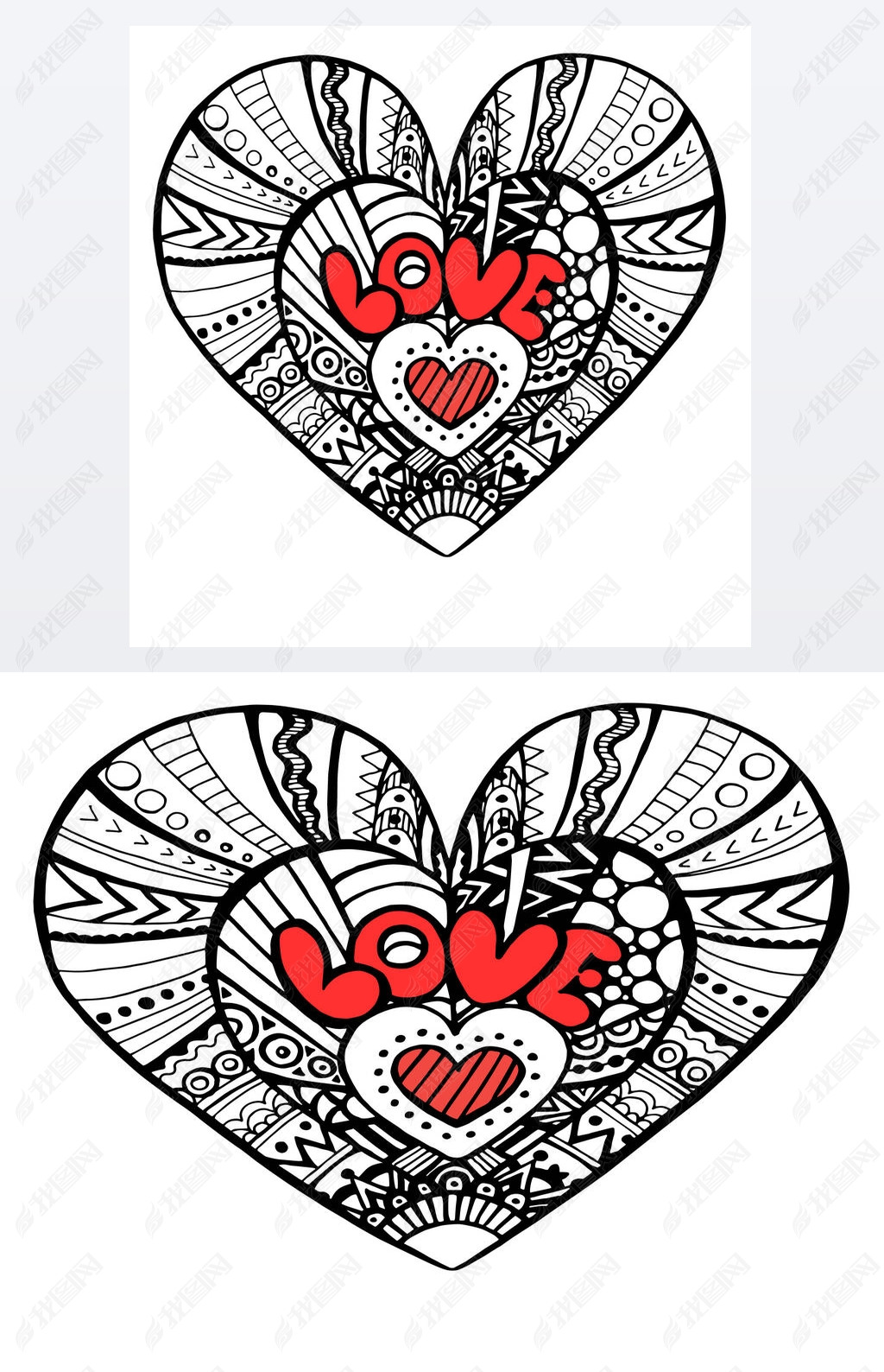 心形彩色书黑白线形图案涂鸦形象促进创造力详细的心形图案与文字